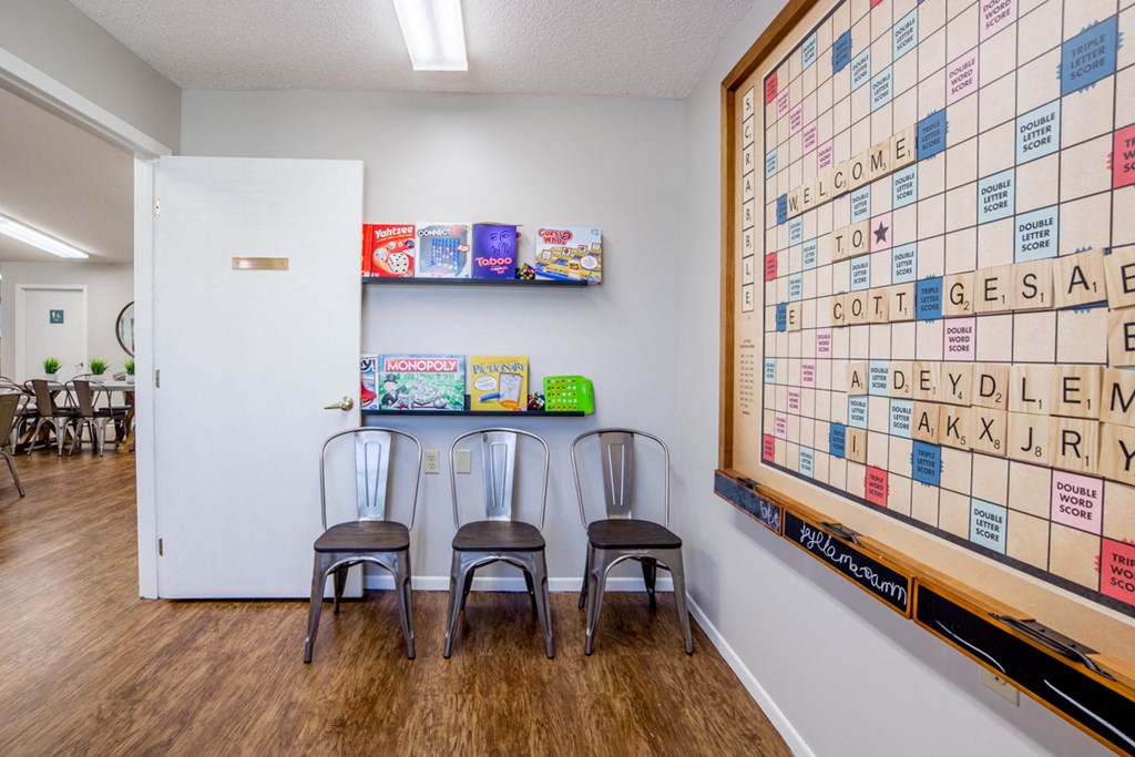 game room with life-size scrabble 