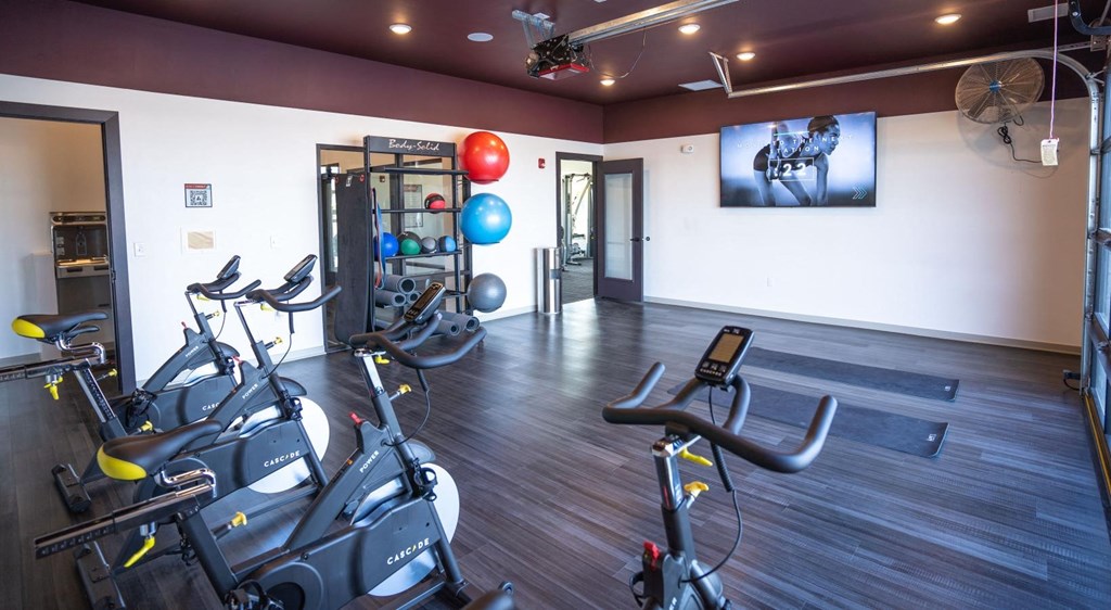 a gym with exercise equipment and a tv on the wall