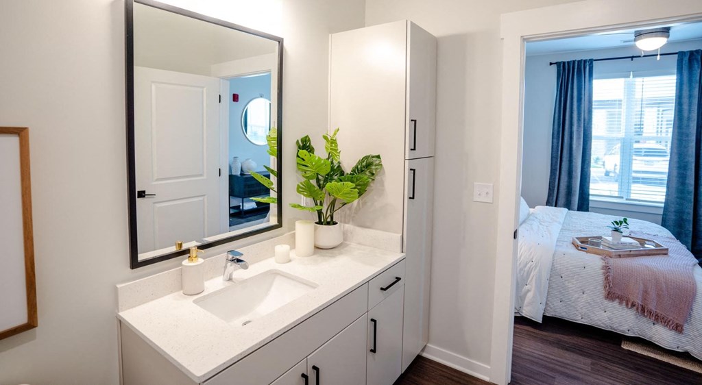 a bathroom with a mirror and a sink and a bed