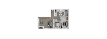 3D floor plan of Willard two bedroom two bathroom apartment 1094 square feet at Gathyr Apartments, 1117 East Market Street Indianapolis — two separate bedrooms, open living and dining area, full kitchen, two walk-in closets, full bathroom, in-unit washer dryer, and private balcony, luxury 2 bedroom apartments in Elevator Hill Holy Cross neighborhood near downtown Indianapolis