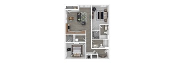 3D floor plan of Stillwell two bedroom two bathroom apartment 1037 square feet at Gathyr Apartments, 1117 East Market Street Indianapolis — two separate bedrooms, open living area, full kitchen, two walk-in closets, two full bathrooms, in-unit washer dryer, and private balcony, new 2 bedroom apartments in Holy Cross neighborhood near downtown Indianapolis