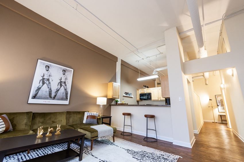 Living Room With Kitchen Living Room With Kitchen at Harness Factory Lofts and Apartments, Indianapolis - Photo Gallery