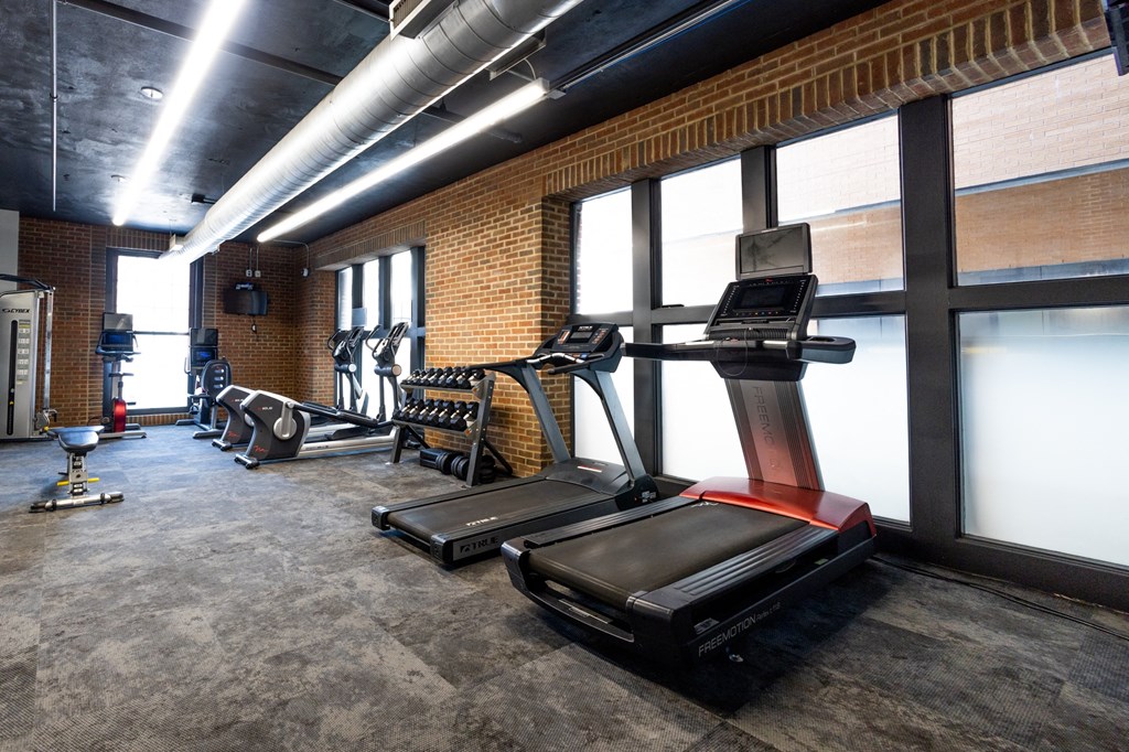 Cardio Machines In Gym at Harness Factory Lofts and Apartments, Indiana