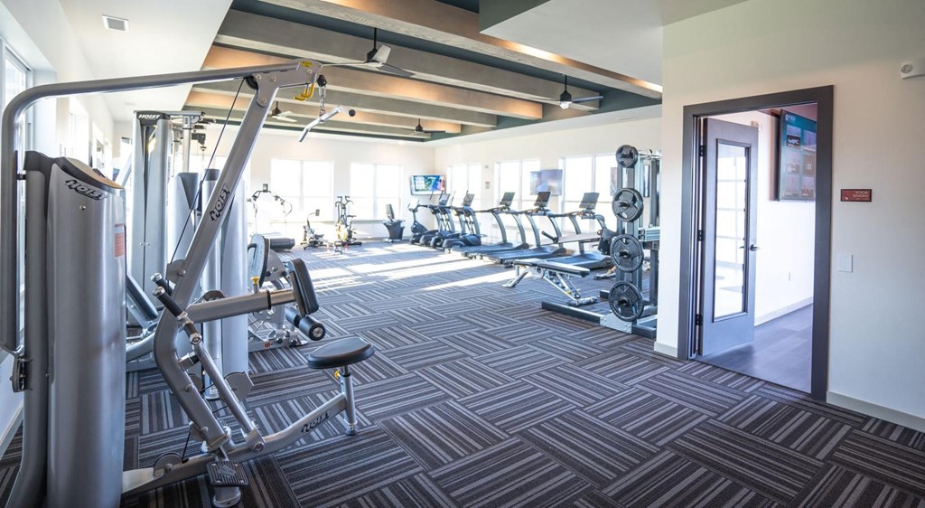 a gym with weights and cardio equipment at the monarch apartments