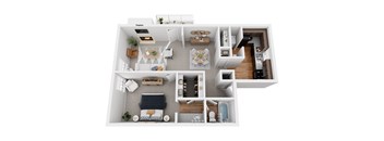 A floor plan of a two-story apartment with a living room, kitchen, and bedrooms.
