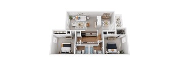 A top-down view of a two-bedroom apartment with a living room, kitchen, and bathroom.