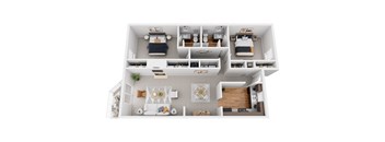 A top-down view of a small apartment with a kitchen, living room, and bedrooms.
