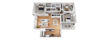 A top-down view of a small apartment layout with a kitchen, living room, and bedrooms.
