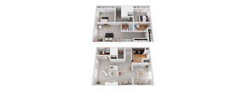 A floor plan of a two-story apartment with a living room, kitchen, bedrooms, and bathrooms.
