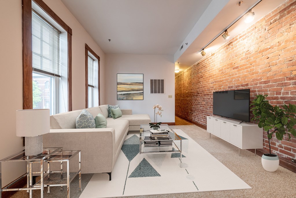 Decorated living room at Lockerbie Court on Mass Ave Apartments, Indianapolis, IN