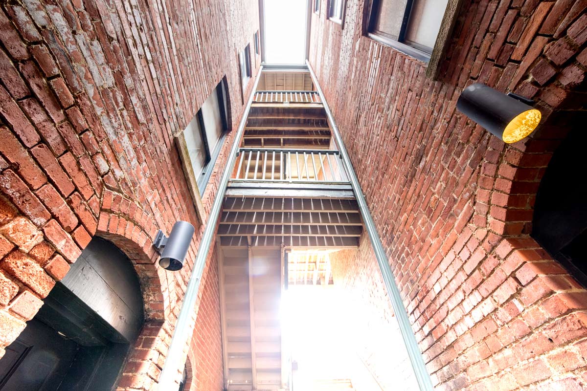 Apartments view from ground at Lockerbie Court on Mass Ave, Indianapolis, 46204