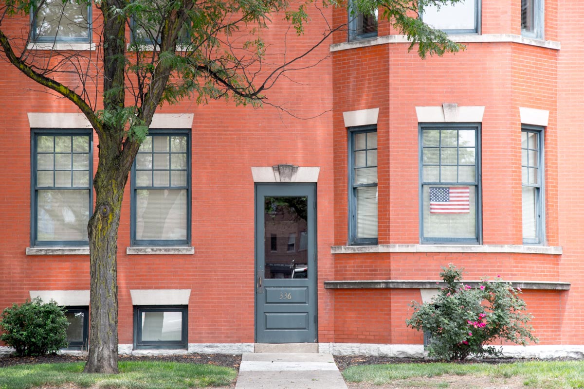 Apartment front view at Lockerbie Court on Mass Ave, Indiana