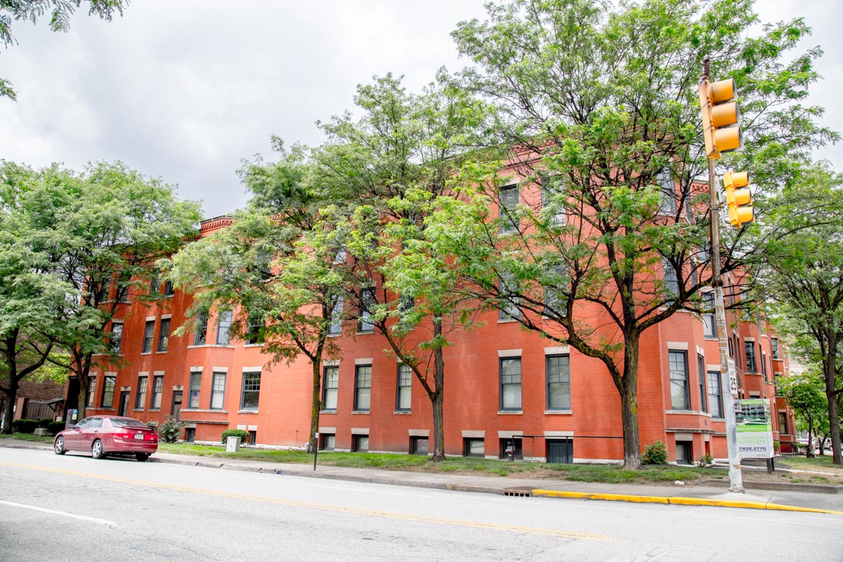 Wide Apartment view from street at Lockerbie Court on Mass Ave, Indiana, 46204