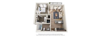 A 3D floor plan of a small apartment with a kitchen, living room, and bedroom.