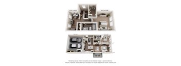 A floor plan of a two-bedroom apartment with dimensions and a disclaimer about the renderings.