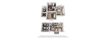 A 3D floor plan of a house with a garage and a car.