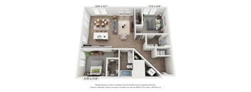 a 3d floor plan is shown with the furniture shown in the image
