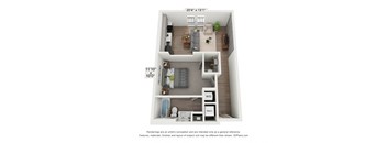 a 3d floor plan of a 1 bedroom apartment