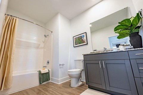 Apartment bathroom with granite countertops  at Montage West Lafayette Apartments, Indiana, 47906