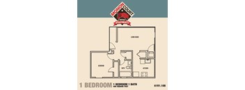 A floor plan for a one bedroom apartment with a living room, kitchen, and bath.