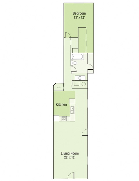a floor plan of a studio apartment with a bedroom and a living room