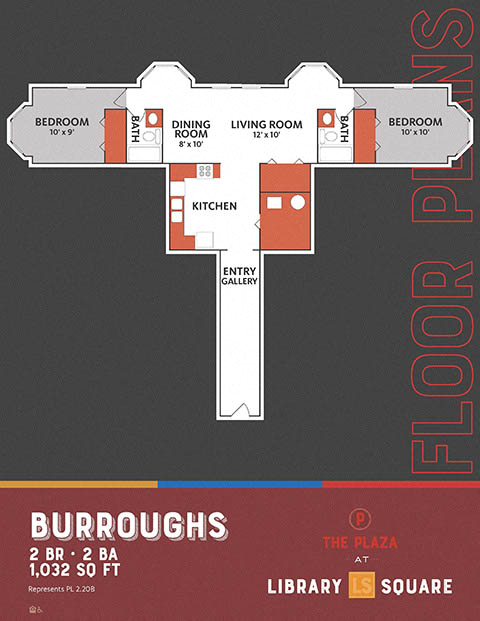2 Bedroom 2 Bathroom Floor Plan at The Plaza at Library Square, Indianapolis, IN