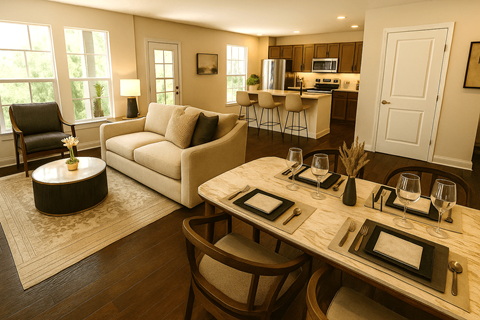 A well-lit dining room with a table set for four.