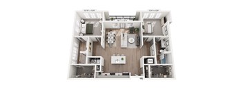 Two-bedroom apartment layout at Portrait Midtown including a bright living room with balcony doors, large kitchen island, two airy bedrooms, stylish bathrooms, and multiple storage closets.