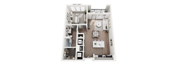 One-bedroom residence at Portrait Midtown including a bright living room, contemporary kitchen with island, spacious bedroom with natural light, updated bathroom, and generous closet space.