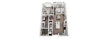 One-bedroom apartment at Portrait Midtown featuring an open living space, full kitchen with island, bright bedroom with large windows, modern bathroom, and generous closet storage.