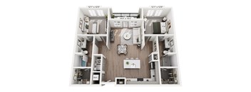 A top-down view of a small apartment with a kitchen, living room, and two bedrooms.