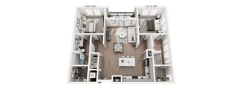 Two-bedroom apartment at Portrait Midtown featuring two oversized bedrooms, an open living area with balcony access, kitchen island seating, modern bathrooms, and extensive storage options.