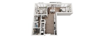 One-bedroom apartment at Portrait Midtown featuring a large open living and dining area, modern kitchen with island, bright bedroom with large windows, full bathroom, and walk-in closet.