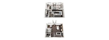 Two-bedroom multi-level townhome at Portrait Midtown offering separate living and bedroom floors, an open main living area, modern kitchen, spacious bedrooms, updated bathrooms, and abundant storage throughout.