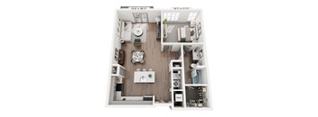 Spacious one-bedroom layout at Portrait Midtown showcasing an open kitchen and living area, a bright bedroom, large bathroom, and ample closet space.