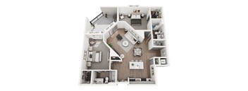 Corner two-bedroom apartment at Portrait Midtown showcasing a bright living room with balcony access, two large bedrooms with ample windows, updated bathrooms, and generous closet storage.