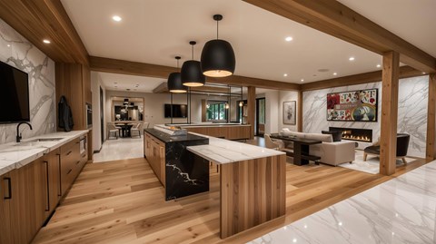 A modern kitchen with wooden cabinets and a marble countertop.