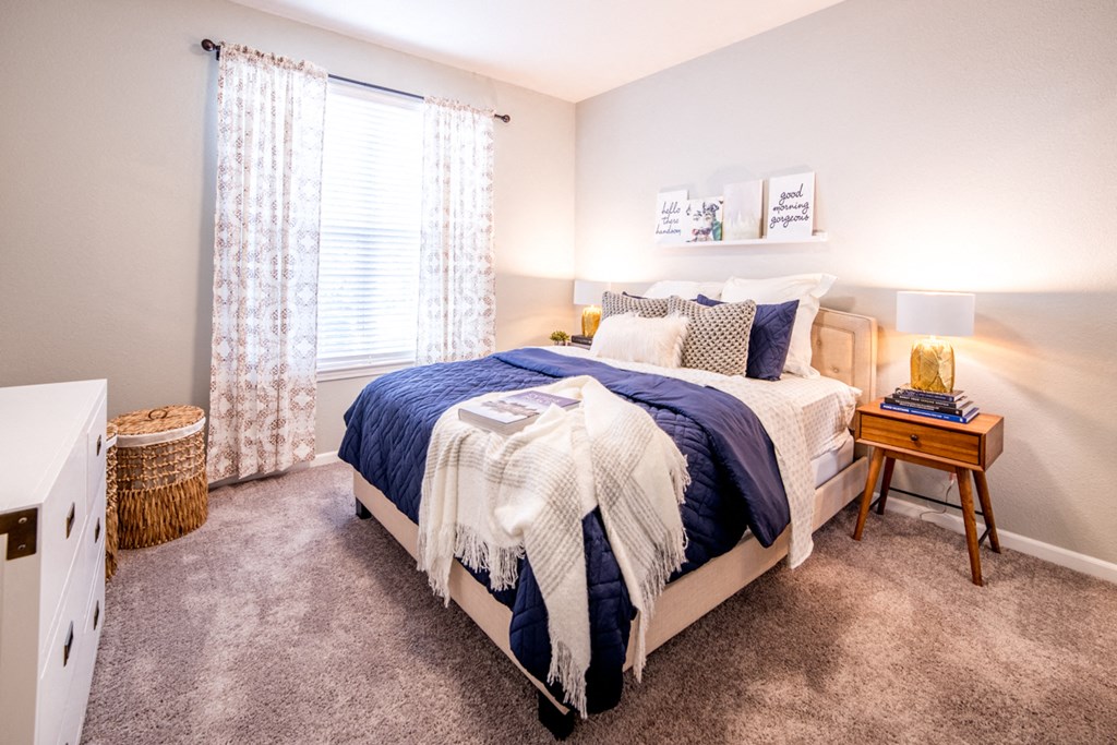 Bedroom with cozy bed and lamp interior Bedroom with cozy bed and lamp interior at Providence at Old Meridian Apartments , Indiana 46032