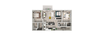 A floor plan of a house with a kitchen, living room, dining room, and bedrooms.