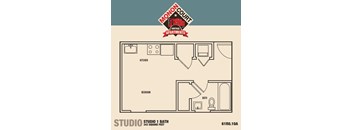A floor plan of a studio apartment with a kitchen, bedroom, and bathroom.
