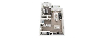 Osage 1-bedroom, 1-bathroom apartment at Nook Nine in Indianapolis, IN, boasting a spacious living area, gourmet kitchen with a large island, private balcony, and a walk-in closet, offering upscale comfort near Keystone at the Crossing.