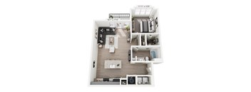 Serape 1-bedroom, 1-bathroom apartment at Nook Nine in Indianapolis, IN, featuring a bright, open-concept living space, chef-inspired kitchen with stainless steel appliances, private balcony, and a large walk-in closet, providing modern elegance near Keystone at the Crossing.
