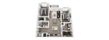 Burlap 2-bedroom, 2-bathroom apartment at Nook Nine in Indianapolis, IN, featuring a spacious living area with wood-style flooring, a chef-inspired kitchen with a central island, private balcony, walk-in closets, and dual ensuite bathrooms, perfect for upscale living near Keystone at the Crossing.