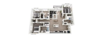 Grove 3-bedroom, 3-bathroom apartment at Nook Nine in Indianapolis, IN, boasting a spacious open-concept design, high-end kitchen with premium finishes, private balcony, walk-in closets, and three full bathrooms, offering elevated living near Keystone at the Crossing.