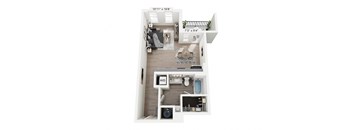 Agate studio apartment at Nook Nine in Indianapolis, IN, designed for efficient urban living with a sleek kitchen, private balcony, spacious closet, and in-unit washer/dryer, all within a vibrant community near Keystone at the Crossing.
