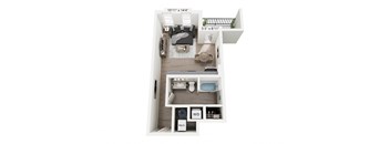 Jade studio apartment at Nook Nine in Indianapolis, IN 46240, featuring a contemporary open design, stylish kitchen with custom cabinetry, private balcony, walk-in closet, and in-unit washer/dryer, ideal for urban convenience near Keystone at the Crossing.