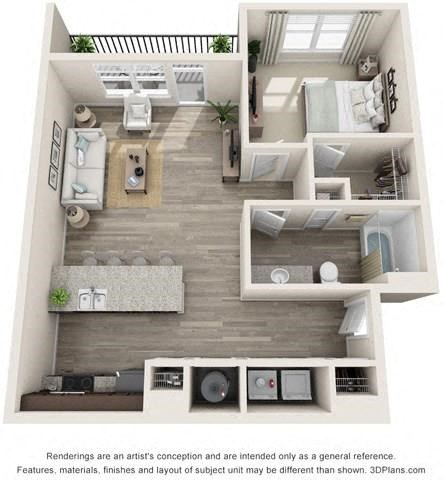 1 bedroom 1 bathroom Granite Floorplan Image at Whetstone Flats, Nashville, 37211, 844 Sq. Ft.