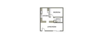 1 bedroom, 1 bath apartment floor plan at Carriage Place Apartments in Huntington, IN.