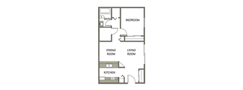 689 sq. ft. 1 bedroom, 1 bath apartment layout at Carriage Place Apartments in Huntington, Indiana.