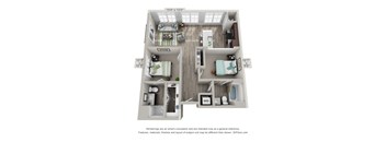 a 3d furnished floor plan with an open concept kitchen and living room